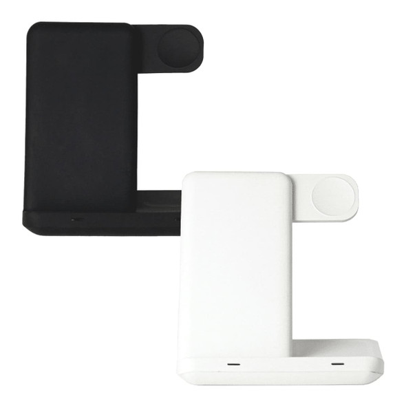 A wireless charger in black and white, featuring multiple charging surfaces and a sleek design.