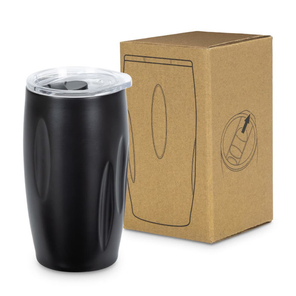 A drink bottle in matte black with a clear lid, next to a simple brown cardboard box, featuring a logo.