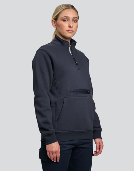A unisex premium fleece half zip work sweat in navy, featuring a front pocket and a logo.