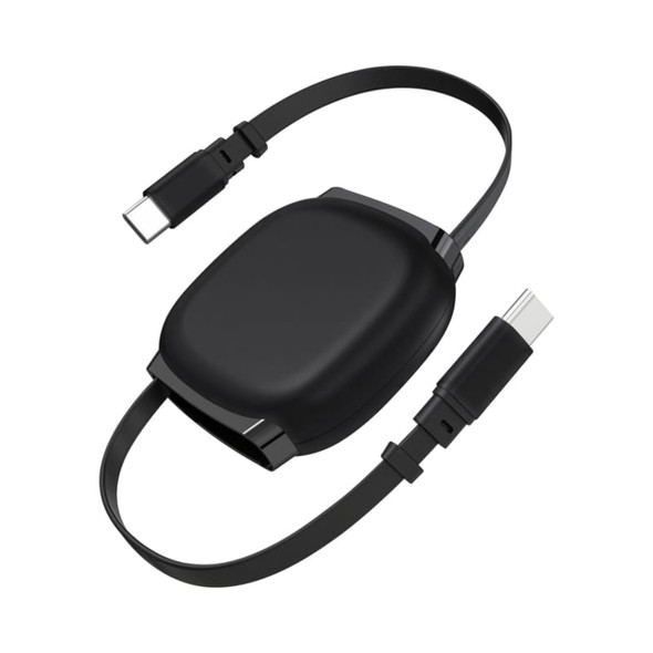 A black retractable charging data cable with USB-C connectors, featuring a compact design and a branding logo.