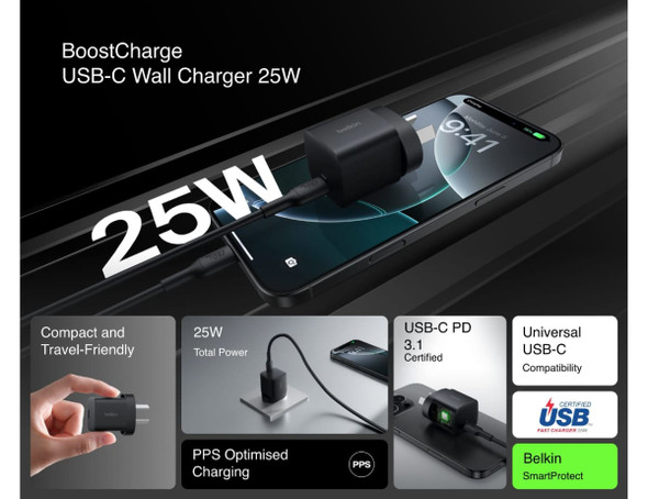 A compact black USB-C wall charger with a cable, featuring a sleek design and a brand logo.