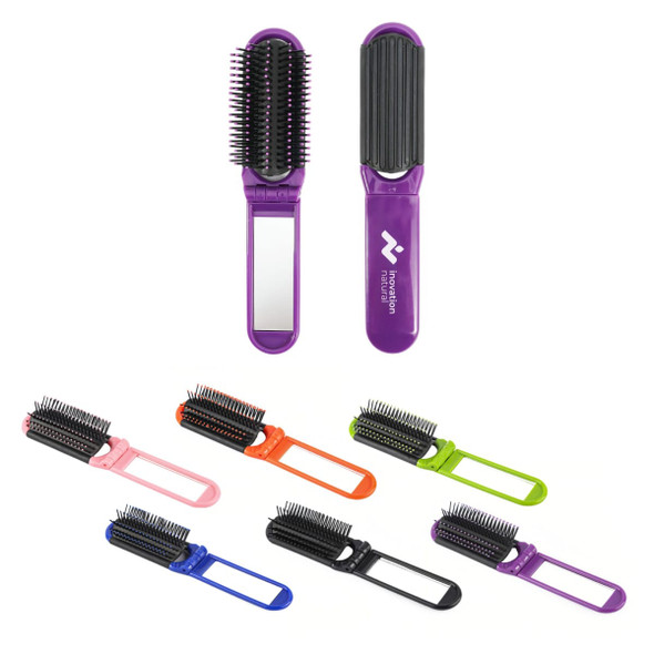 A folding hair brush with a mirror, available in various colours including purple, pink, green, blue, and black.