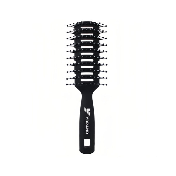 A black hair brush with a vented design and plastic bristles, featuring a logo on the handle.