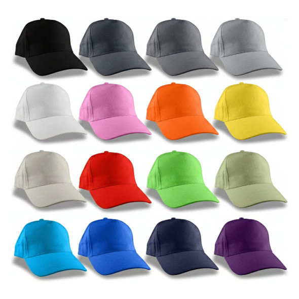 A collection of caps in various colours, including black, grey, white, pink, orange, yellow, green, blue, and purple. Each cap has a logo.