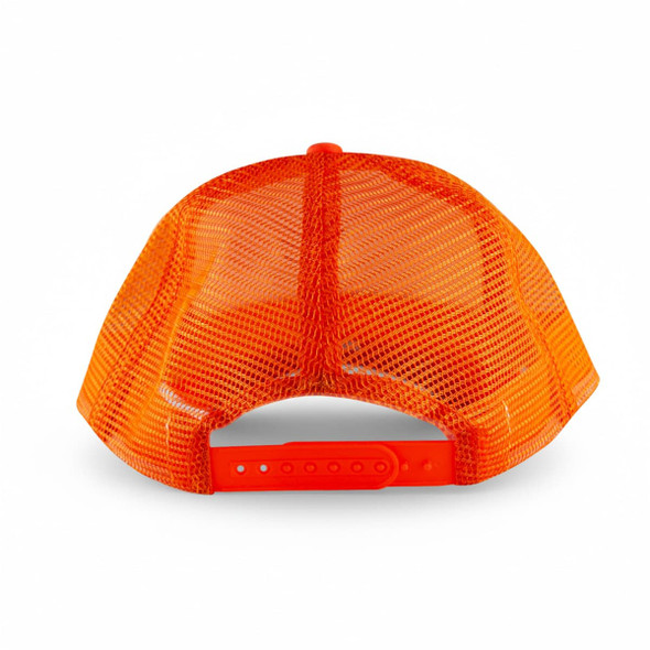 An orange 5-panel trucker cap featuring a mesh back and an adjustable snap closure.