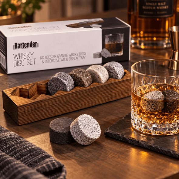 Bartender Whisky Discs Set 6 w/wood Base