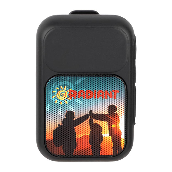 A black Bluetooth speaker featuring a colourful graphic with silhouettes of three people against a sunset background.