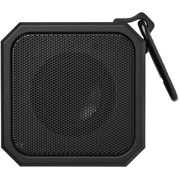 A compact black outdoor waterproof Bluetooth speaker with a mesh grille and a carabiner clip.