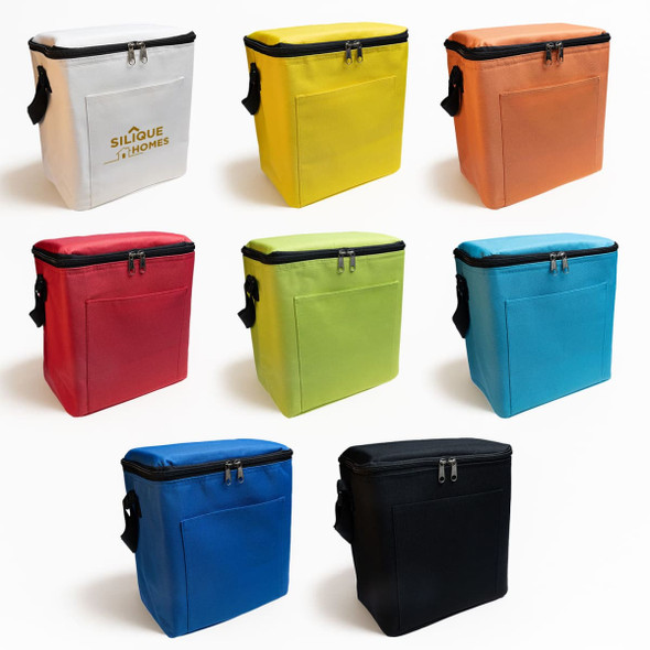 A range of cooler bags in white, yellow, orange, red, green, blue, and black, each with a front pocket and a zipper.