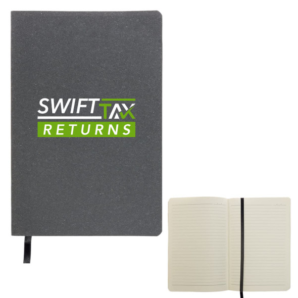 A gray recycled leather notebook with a logo on the cover and lined pages inside. It features a ribbon bookmark.