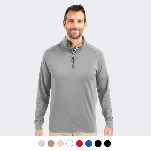 A man wearing a grey half-zip pullover, featuring long sleeves and a collar, with a logo. Different colour options below.