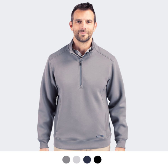 A half zip jacket in grey with a collar and long sleeves, featuring a logo on the chest.