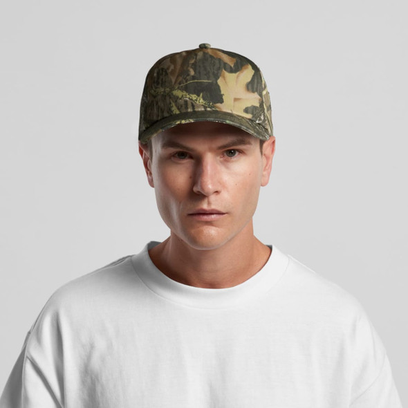 A soft camo cap in shades of green and brown, featuring a structured design and a logo on the front.