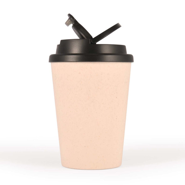 A reusable coffee cup in a light beige color with a black lid and handle. It features a logo.