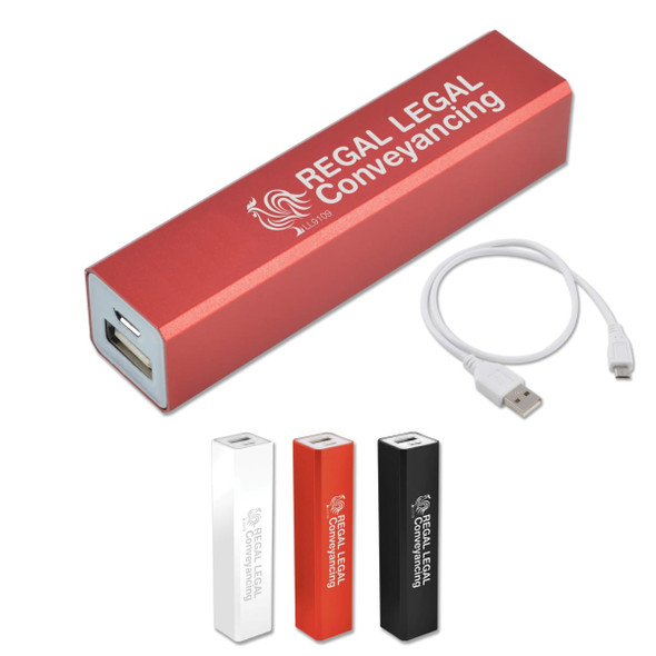 A red power bank with a USB cable, featuring a logo, alongside white, orange, and black variants.