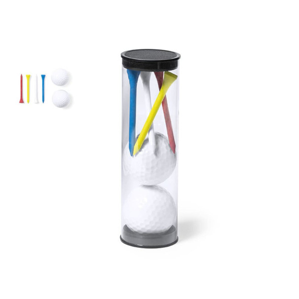A clear cylindrical container holding two white golf balls and three coloured tees in red, yellow, and blue.