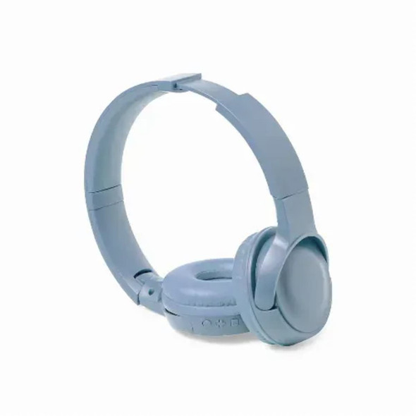 A pair of light blue headphones with a folding design. It includes a logo on the side.