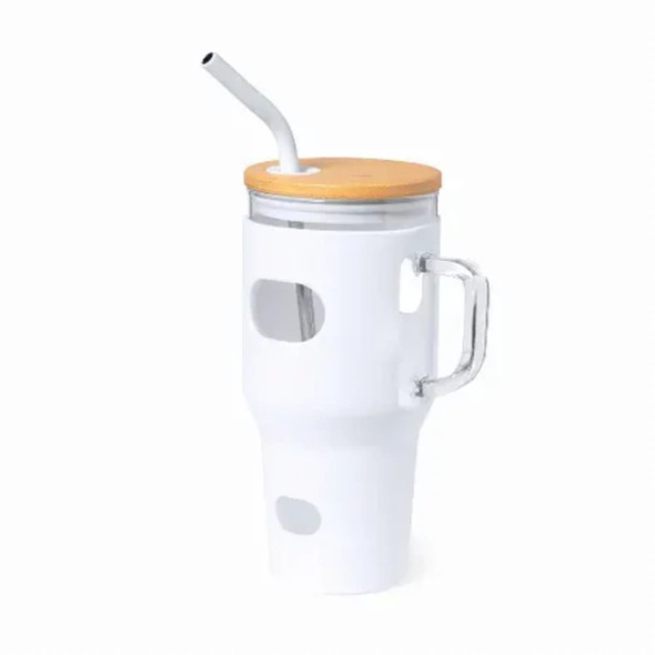 A drink bottle in white with a bamboo lid and a straw, featuring a handle and cut-out sections.
