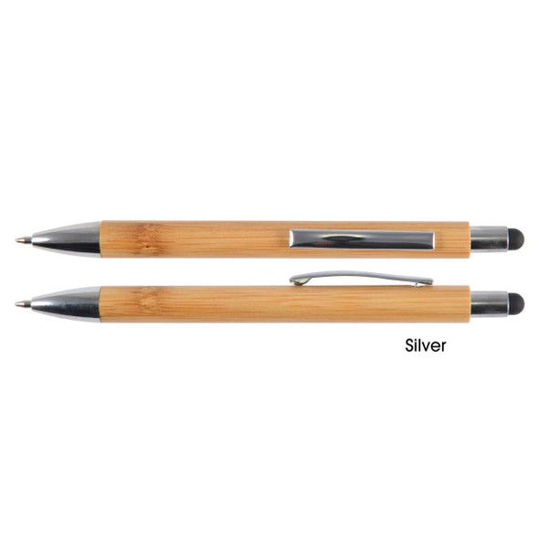 A bamboo pen and stylus in natural wood color with silver accents, featuring a logo on the side.