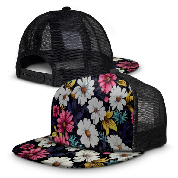 A floral-patterned flat peak mesh cap featuring a black mesh back and a vibrant design of white, pink, and yellow flowers.