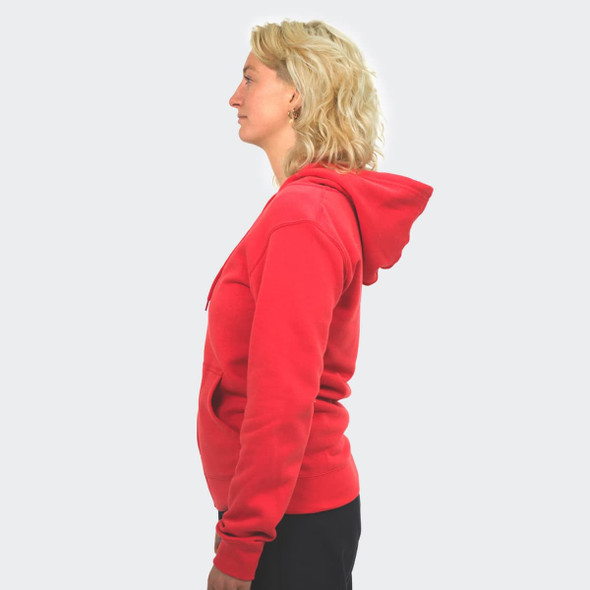 A red unisex hoodie featuring a kangaroo pocket and adjustable hood, displayed on a model in profile.