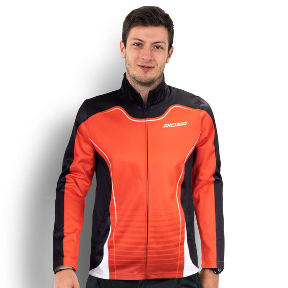 A custom men's sports jacket in vibrant orange and black, featuring a zip-up front and a logo.