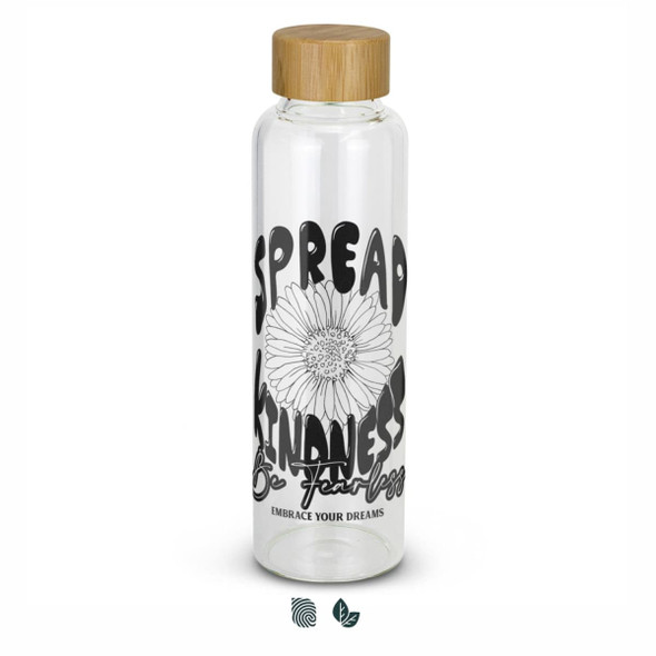 A drink bottle with a clear glass body and a bamboo lid, featuring black text and floral designs.