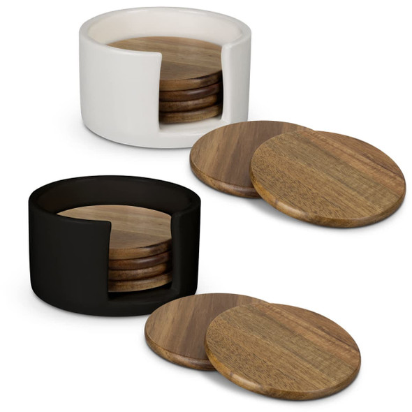 A set of round wooden coasters in white and black holders, featuring a natural wood finish.