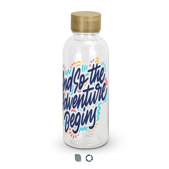 A drink bottle with a clear body and a wooden lid, featuring colourful text designs.