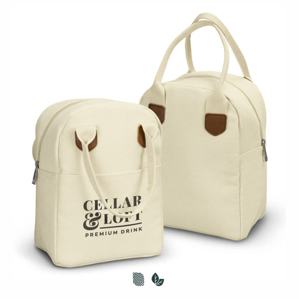 A cream-coloured lunch bag with brown accents, featuring a logo on the front and two handles for carrying.