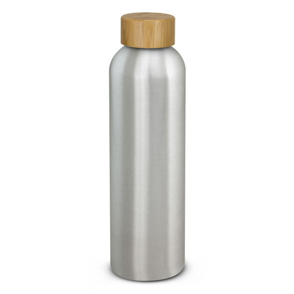 A drink bottle made from aluminium with a natural bamboo lid, featuring a sleek silver finish.