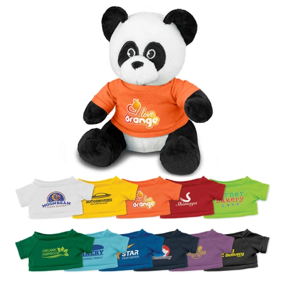 A panda plush toy with a white and black fur, wearing an orange shirt. It has various colourful shirts displayed below.