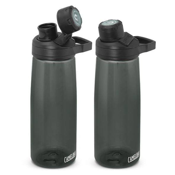 A drink bottle in dark green, featuring a black lid and spout, with a logo on the side.