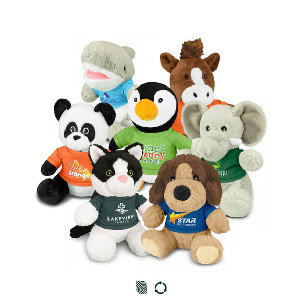 Assorted plush toys in various colours, including panda, penguin, and dog, each wearing a printed shirt.