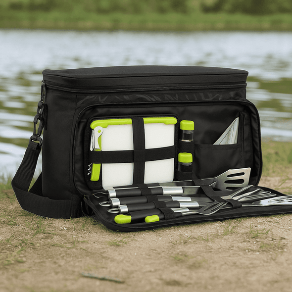A black BBQ picnic bag with green accents, featuring utensils, a cutting board, and storage compartments, by a lake.