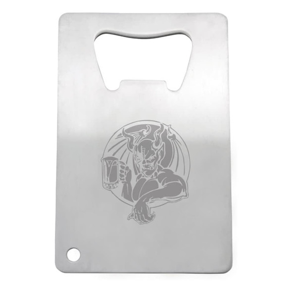 A stainless steel credit card-sized bottle opener features a detailed engraved design on its surface and a circular hole.