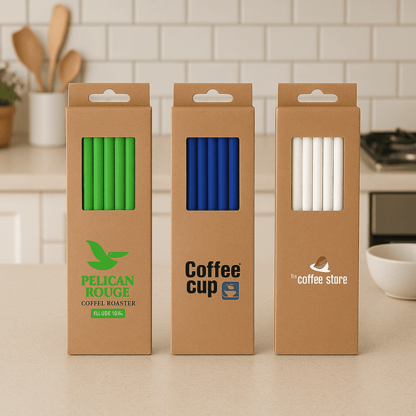 Three boxes of reusable straws in green, blue, and white, featuring logos on the front and set on a kitchen counter.