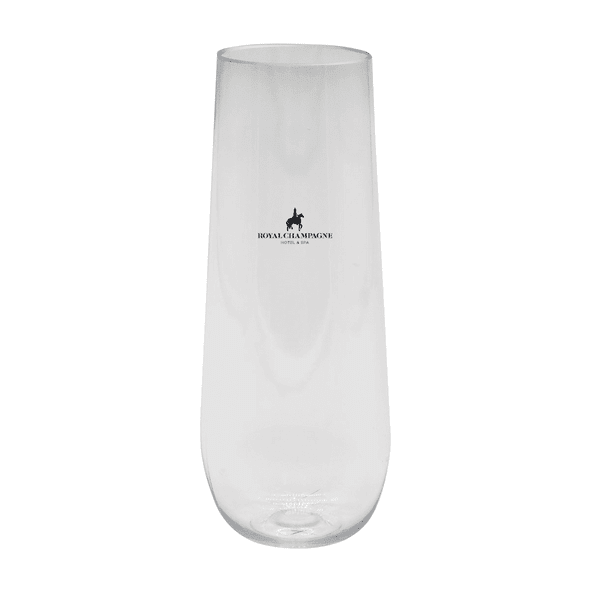 A clear, stemless shatterproof champagne glass featuring a logo, suitable for drinkware.