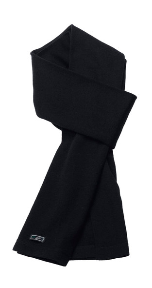 A black Merino Arctic Scarf with a folded design and a small logo.