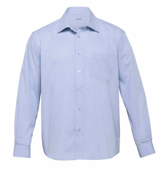 A blue and white striped long-sleeve button-up shirt for men, featuring a pocket and a logo on the collar.
