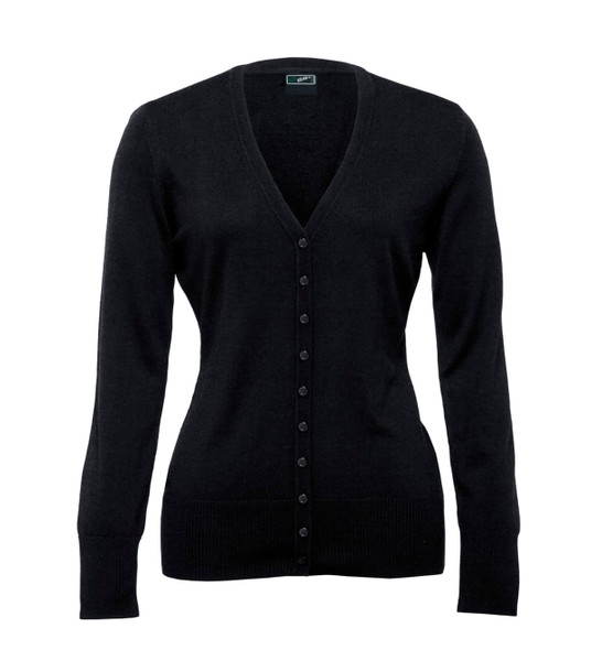 A black Merino cardigan for women featuring a V-neck and button closure, with long sleeves and ribbed hem.