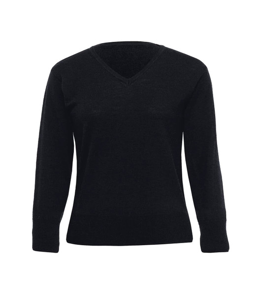 A black Merino Detailed Vee Pullover for women, featuring a classic V-neck and long sleeves.