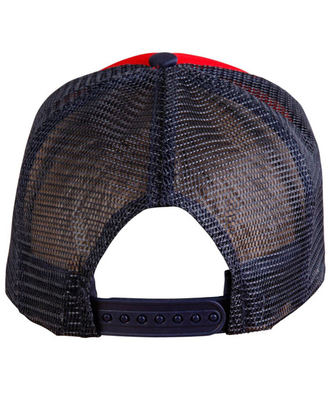 A trucker cap featuring a red front and navy mesh back, with an adjustable snap closure. A trucker cap featuring a red front and navy mesh back, with an adjustable snap closure.
