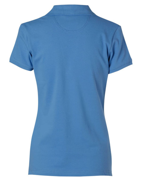 A ladies' polo shirt in a light blue colour, featuring a standard polo collar and a logo on the back. A ladies' polo shirt in a light blue colour, featuring a standard polo collar and a logo on the back.
