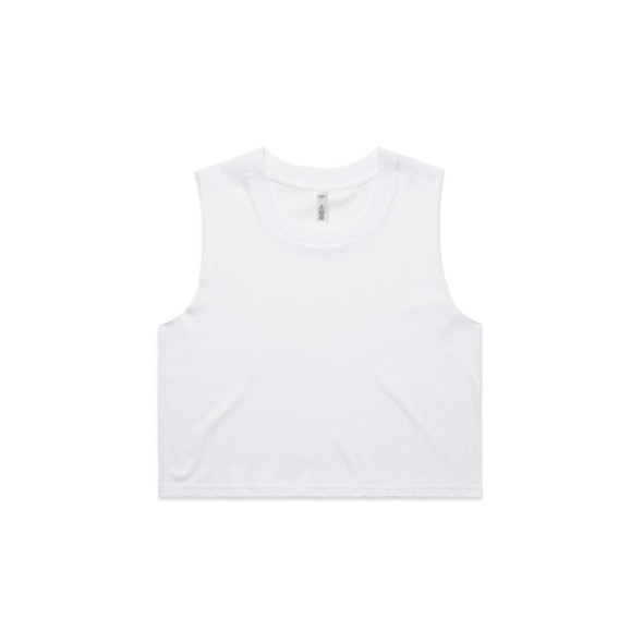 A white crop tank top with a round neckline and no sleeves, featuring a small logo.