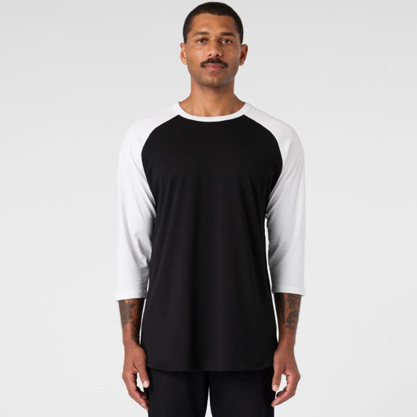 A black and white Raglan Tee featuring a crew neck and three-quarter sleeves, with a logo present. A black and white Raglan Tee featuring a crew neck and three-quarter sleeves, with a logo present.