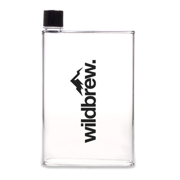 A drink bottle with a clear body, black cap, and a mountain logo. It features a minimalist design.