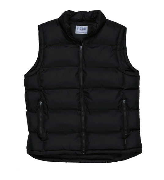 A black puffa vest with a high collar, featuring a front zip and two side pockets. It includes a branding logo.