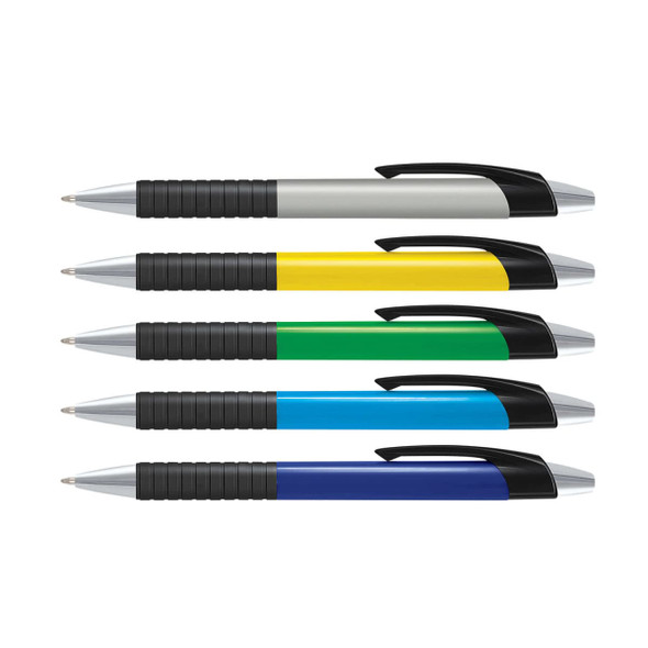 A set of five plastic pens with coloured barrels: silver, yellow, green, blue, and black, featuring black grips and clips.