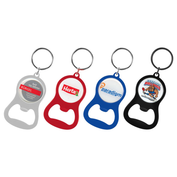 A drink bottle opener key ring set featuring silver, red, blue, and black colours, each with a logo.
